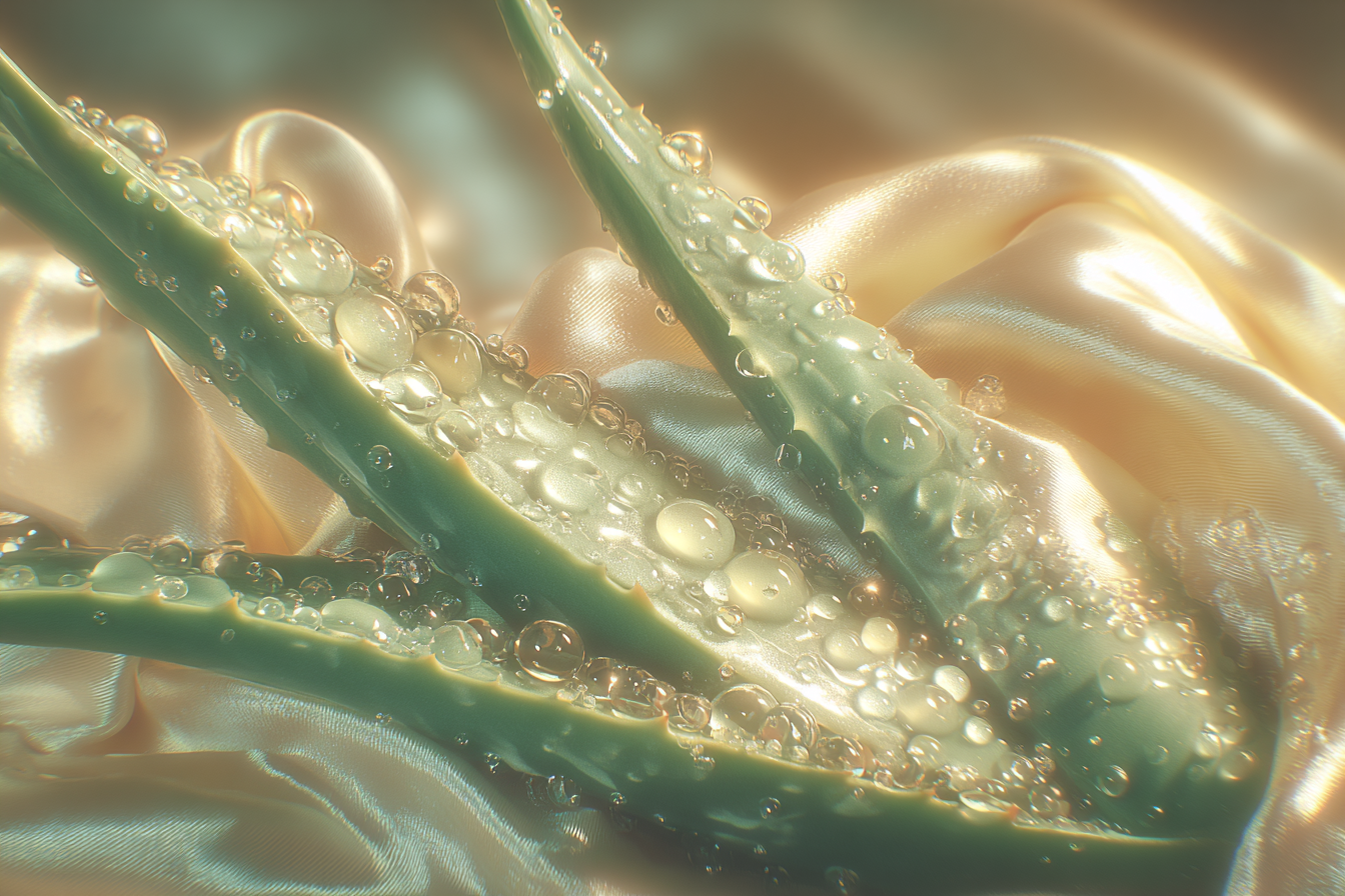 Close-up of Aloe Vera and moisture drops on luminous silk, symbolizing intense hydration for glowing skin.