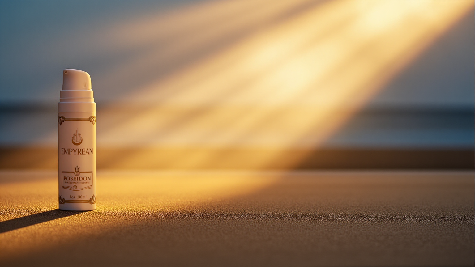 Poseidon Siren song serum bottle on golden beach sand, embodying the gentle marine cleanser in ethereal light.